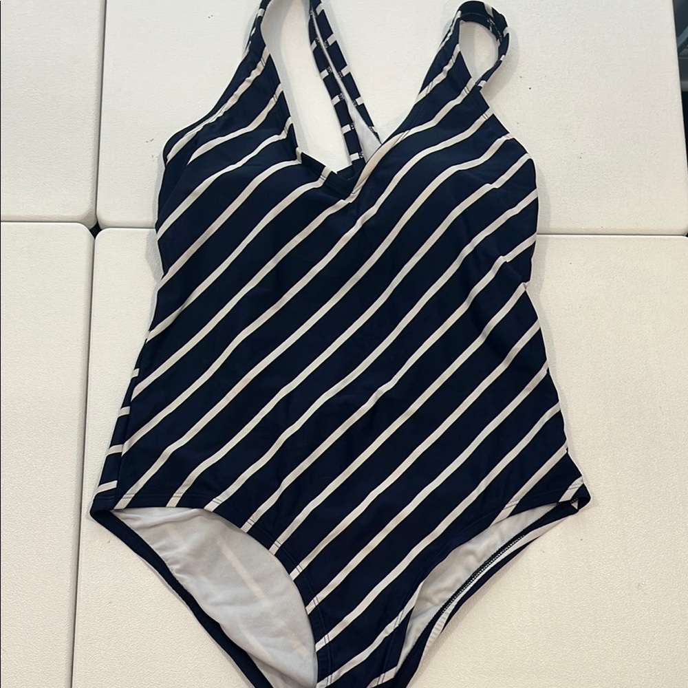 Kona Sol Blue and White One Piece Swimsuit with Diagonal Stripes